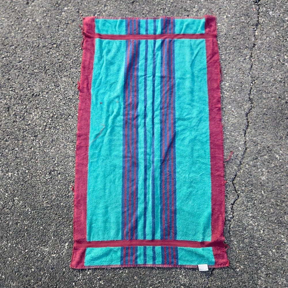 VTG JCPenney Beach Towel Teal Burgundy Striped Pima Cotton Thrashed Distress USA